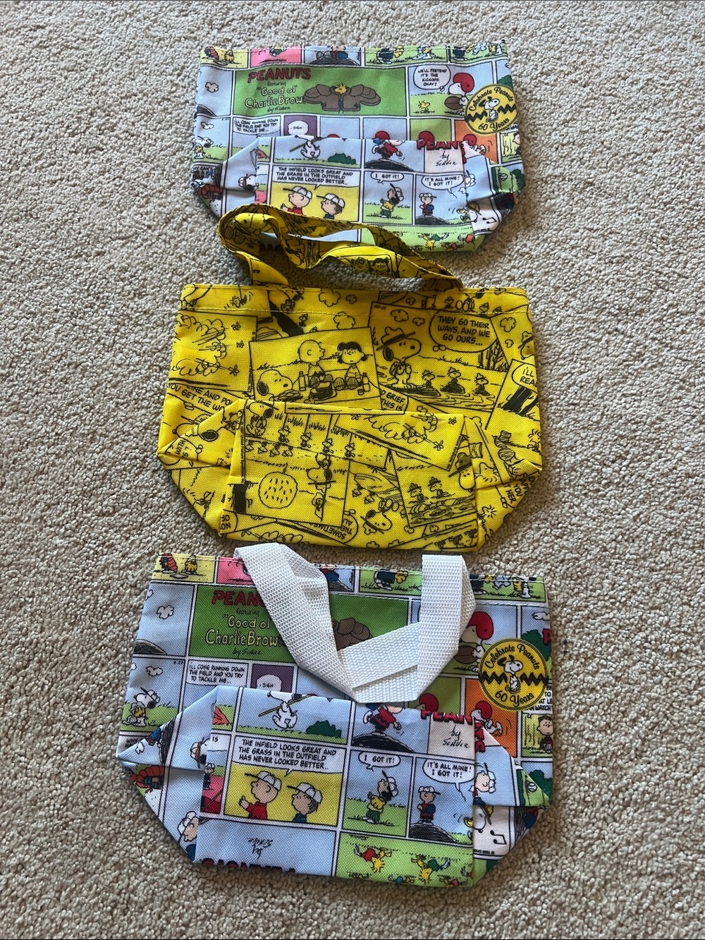 Peanuts Kids Comic Panel Tote Bags - Yellow, Green, Blue & Multicolor